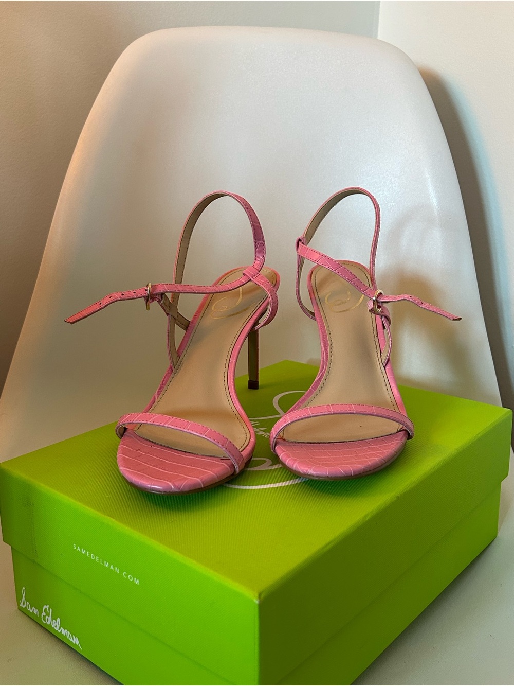 Sam Edelman Pink Croc-Embossed Slingback Stiletto Sandals